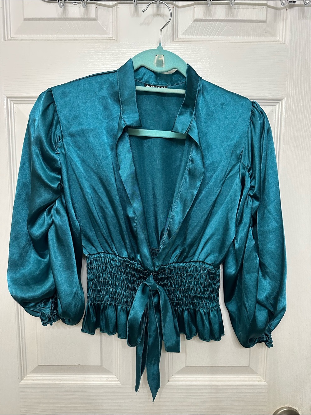 Wet Seal Y2K Smocked Blue Satin Blouse Size Small night club